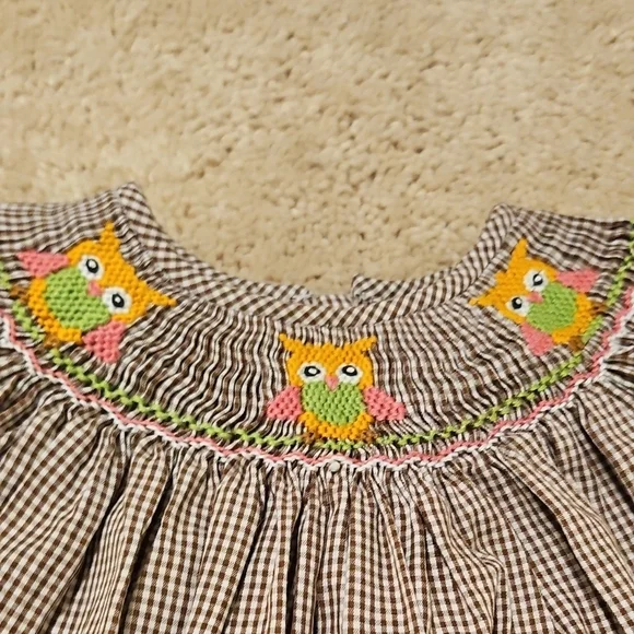 Smocked Gingham Girls Owl Dress 12m - Picture 2 of 5